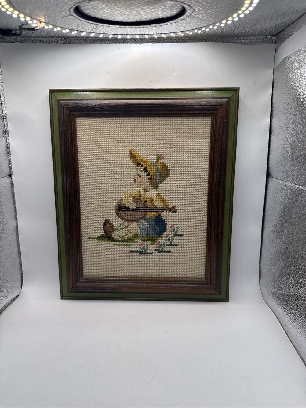 Vintage Needlepoint Child Playing Mandolin Framed Folk Art 11” x 13” *